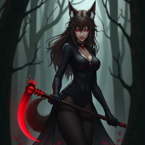  This character has distinctive features of a wolf hybrid .  She has long wolf ears held high on her head ,  with the inside of her ears visible and colored white .  Ses yeux sont dun rouge éclatant et lumineux ,  emanating an intense or malevolent express...