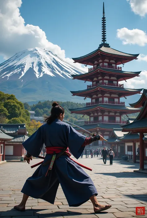 A samurai swings a sword against the five-story pagoda of Arakurayama Sengen Shrine and Mt. Fuji in the background