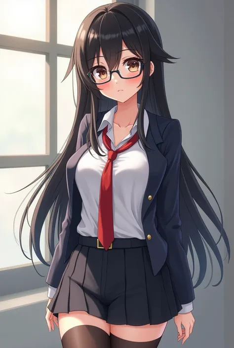 Create an image of a beautiful sexy big ass and busty anime girl with big thighs and big waist black hair and with glasses and in school clothes having full body sex
