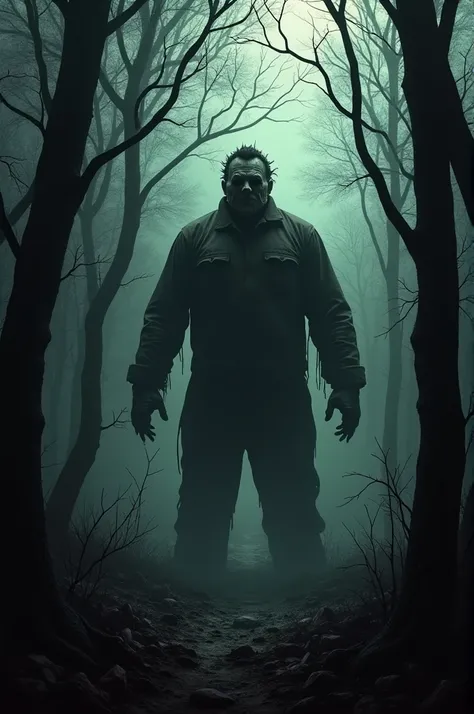 Leatherface hidden among trees ,  with dark and depressing ambience