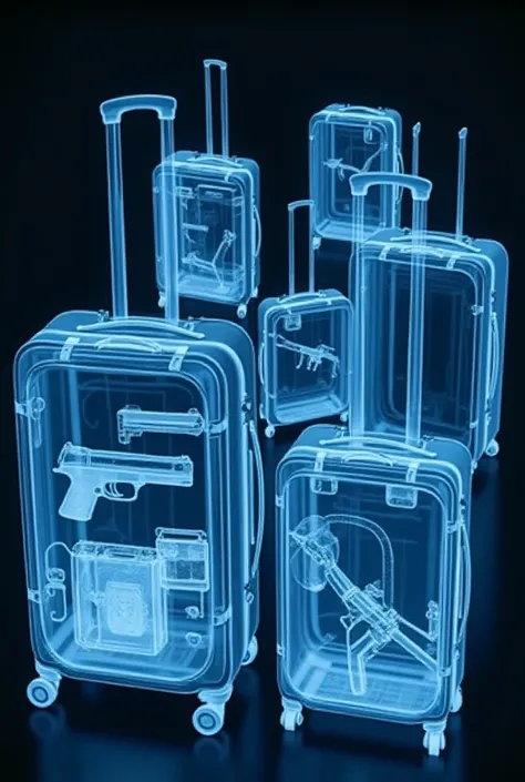 X-ray image of several airport suitcases containing illegal things