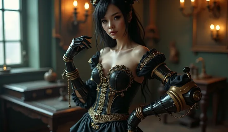 a sensual gothic steampunk woman, detailed victorian style corset, dark hair, vintage hairstyle, dark makeup, mechanical arm, full body pose, (best quality,4k,8k,highres,masterpiece:1.2),ultra-detailed,(realistic,photorealistic,photo-realistic:1.37),highly...