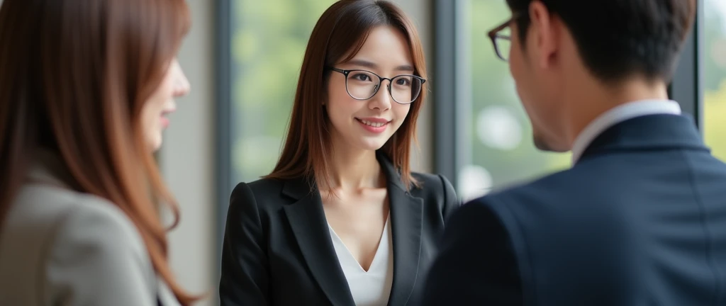 A beautiful Japanese woman in a sexy, stylish, elegant blazer paired with a fitted blouse, wearing glasses, extremely detailed skin, glasses:1.21, professional appearance with a subtle touch of confidence, large breasts:1.22, deep cleavage, modest but form...