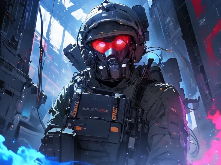 soldier on a plane while waiting for ,  with red eye mask and blue aura around it with a magic weapon