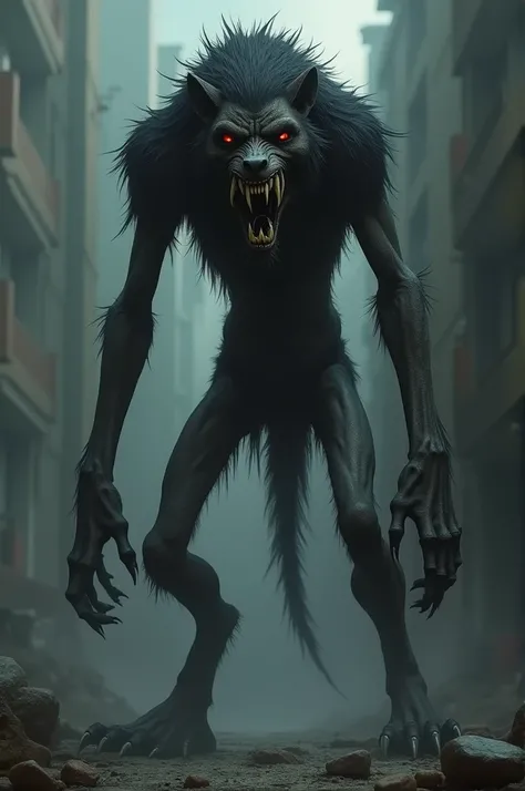  Draw a tall werewolf two meters tall thin with large braided teeth red eyes and with little black hair on his body. Skinny physical size and hunchback without tail 