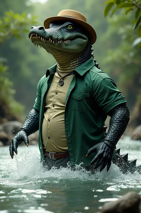 Black muscular crocodile tall sharp teeth green shirt straw hat coming out boiled on two legs on the riverbank