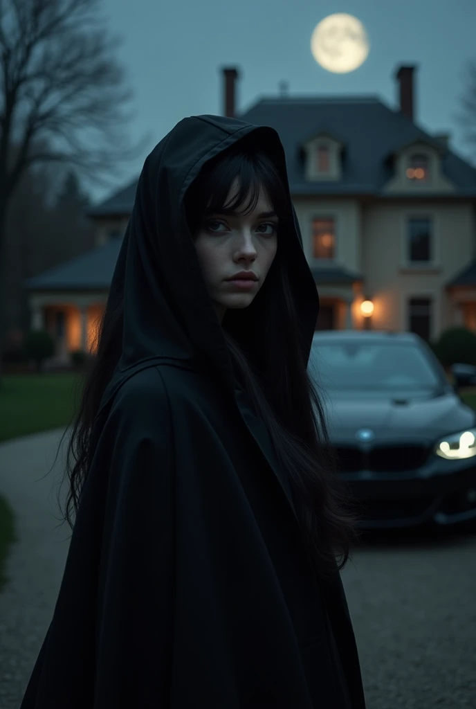 A girl with black hair,  long plain and dark jet , hooded in black ,  standing outside a luxurious house,  a luxury black car ,  very dark nighttime background  