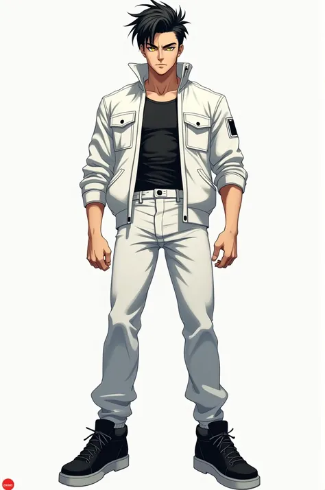 Black-haired anime man cut Korean style brown skin yellow eyes dressed in a white jacket and white pants with muscular black sneakers