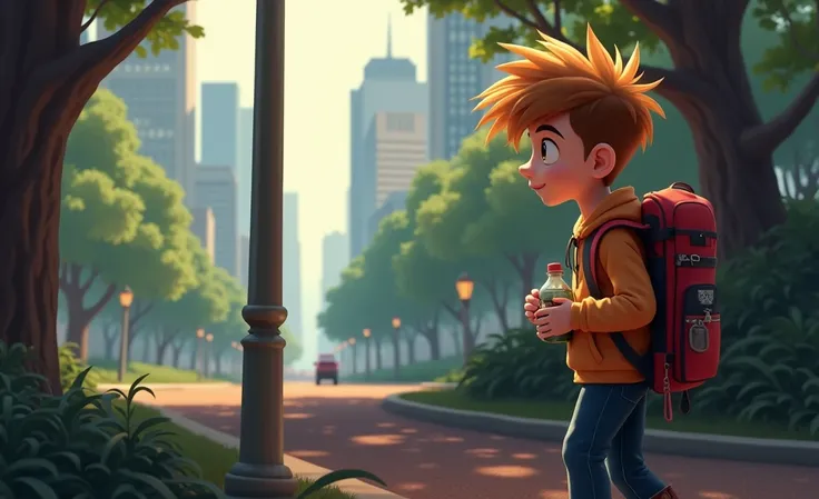 Action: Zoraiz walks through a park, heading toward the edge of the city where the forest begins. He’s carrying a small bag filled with biscuits and a water bottle.

Background/Atmosphere: The park gradually transforms into the edge of a lush forest. The c...