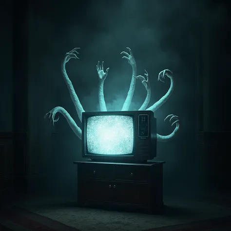 TV with static , front view. horror,  supernatural , 2005, epic scene, Horrific , spectral, several tentacles coming out of the screen 