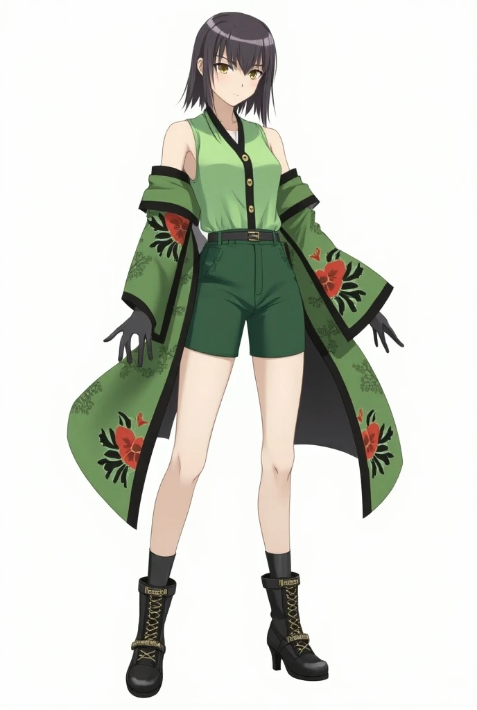  Kariya Senju wears a modern and practical outfit .  She wears a sleeveless green blouse , adjusted to the body,  with black buttons on the front ,  combined with short green shorts . On the feet,  wears medium-length black boots with high heels and gold b...