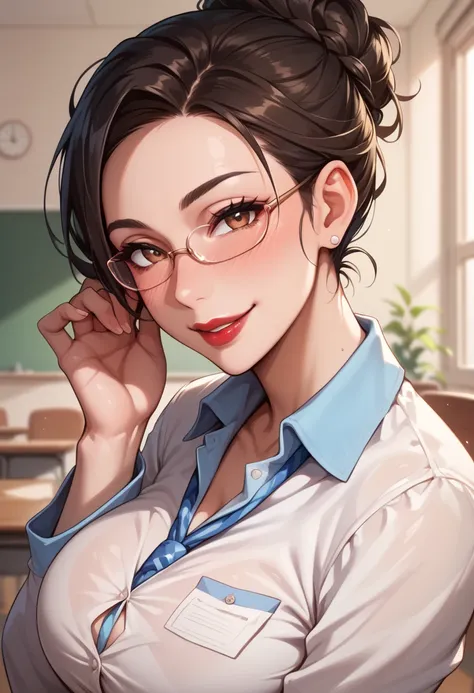 Beautiful teacher with short black hair light brown eyes firm body big breasts teacher uniform very sexy neckline blushed face blushed cheek tender expression charming smile red lips anatomically correct lenses 