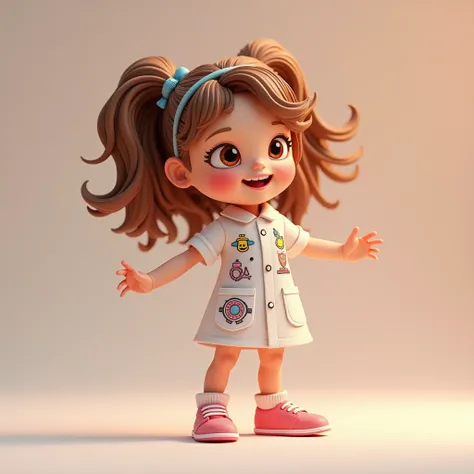 -A 3D hyperrealistic Create an image of a cheerful  with bright, sparkling eyes and Wavy hair. 
She is wearing a dress with Scientist occupations uniform patterns and wearing pink shoe and is playing  The scene radiates warmth and joy, 
capturing the essen...