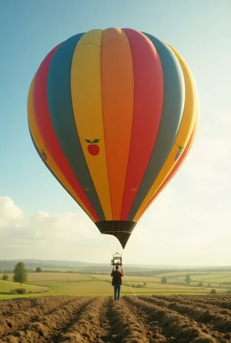  create an elliptical type balloon that controls hectares of cultivation with a person on land moving it with radio control ,  the balloon must contain slogan  " raise your vision , Raise your future "