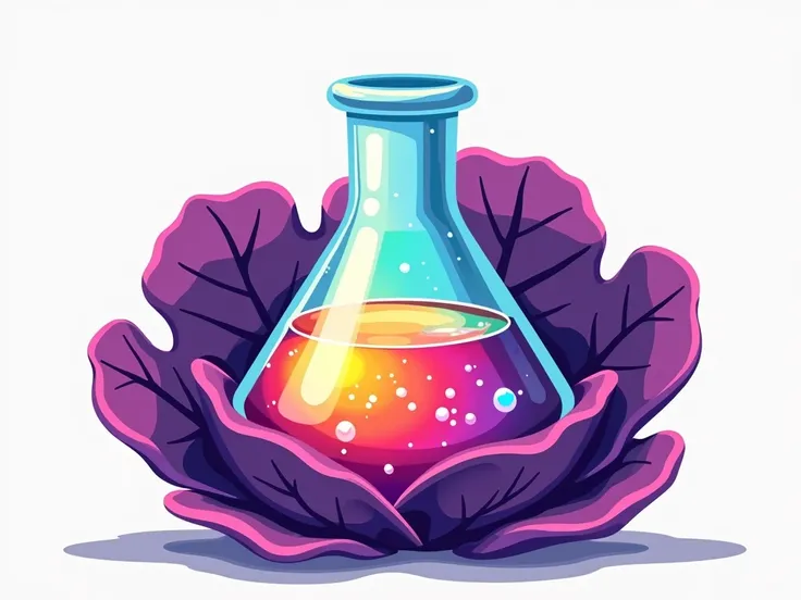 a vector of a flask that contains a rainbow and is held by purple cabbage