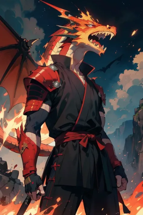 An anime-style ninja in sleek, battle-worn clothing with a dragon insignia on his armor. He unleashes a massive, fiery red dragon made of pure energy, surrounding him like a shield. The dragon’s flames illuminate the ninja’s face, showing intense, determin...