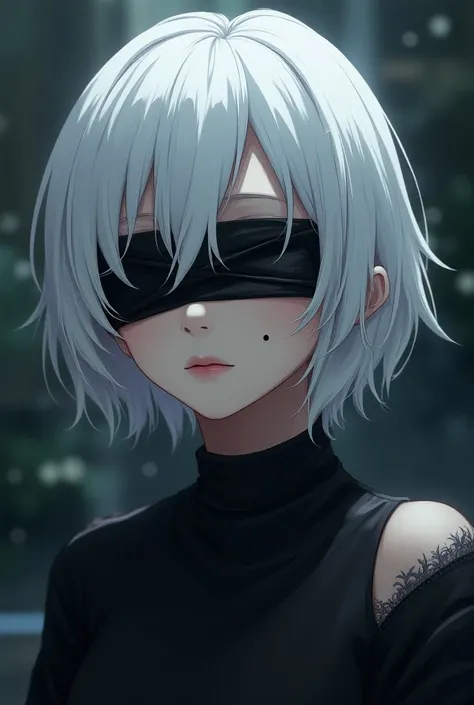  anime-style female character with short white hair , with a black cloth bandage covering her eyes ,  and with a dot on her chin on the left side under her mouth