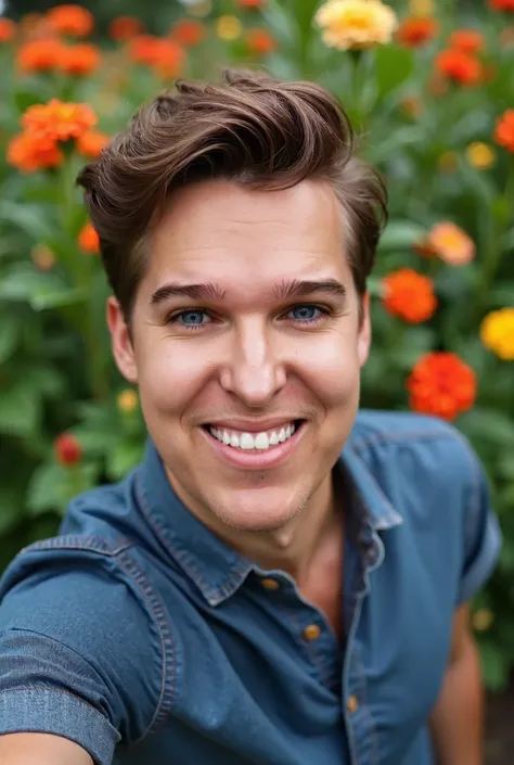 man, beautiful, with blue eyes, smiling, taking a selfie showing a garden full of flowers