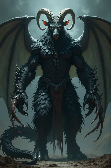 Chimera Monster, arms with tentacles, Goat&#39;s head, body with black scales ,  legs all with black fur, bat wings, dragon tail