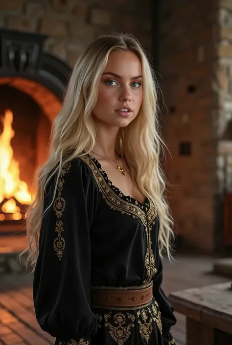 live-action、Real、Beautiful Swiss girl in medieval black blouse、 wool tights, Light wave blonde、Long Straight Hair、Hime cut、The blouse has beautiful patterns engraved in gold.、clear、Stand in room with fireplace inside a castle