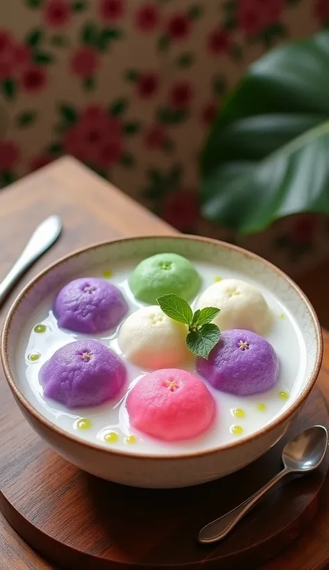  This is a traditional Thai dessert called Bua Loy .  The image shows a bowl of brightly colored ,  The colorful rice flour dumplings float like cream, Rich coconut milk base .  dumplings in different shades of pink , Purple, Green, and white.  bowl on a w...