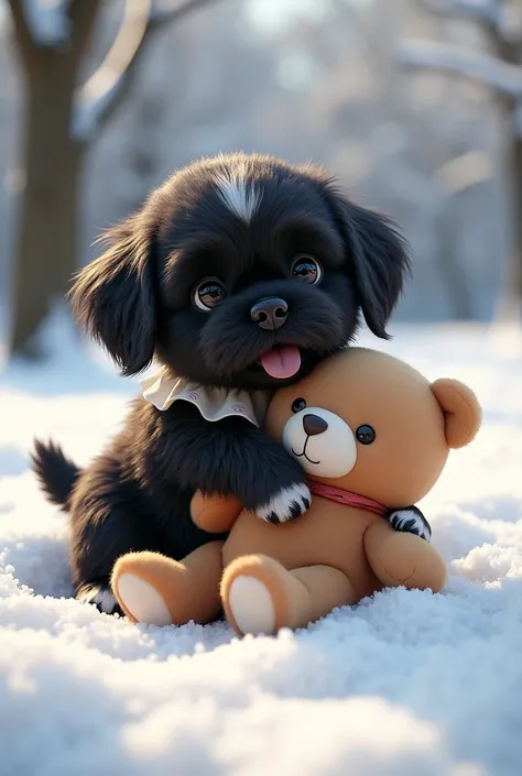 Shih Tzu Puddle puppy all black with white back legs and white collar playing with a light brown toy bear in the snow.Her name is Kira Cariño