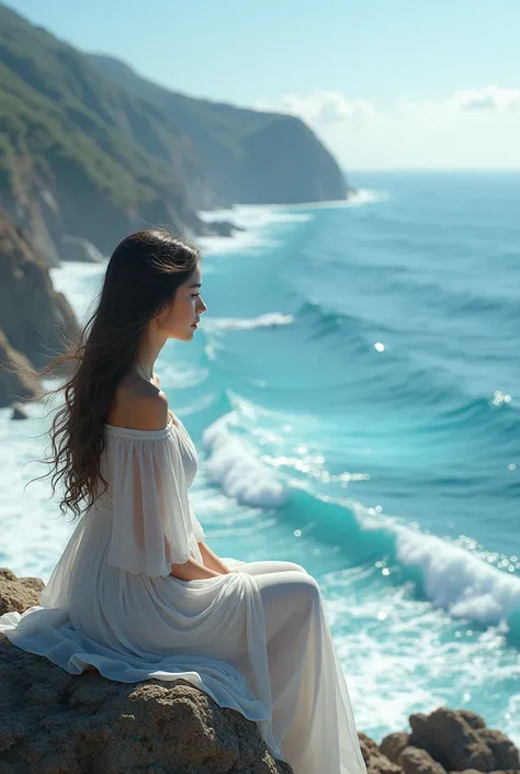 girl in white clothes sitting and looking at the sea