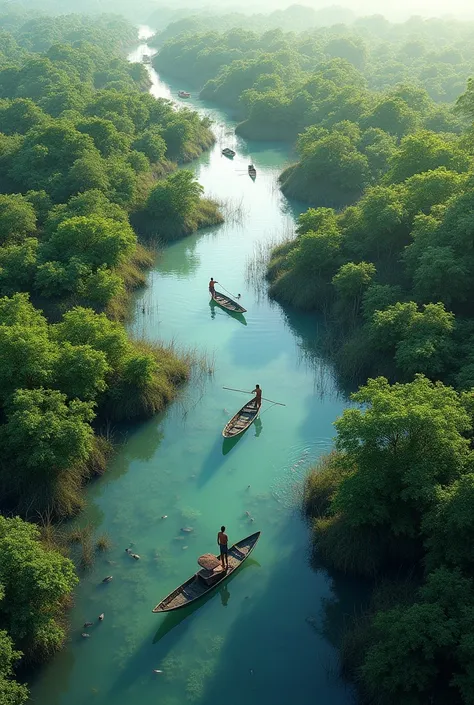 An aerial view of a sustainable fish farming system, where large ponds are surrounded by lush mangrove forests. The ponds, filled with clear water, contain fish or shrimp, while mangrove trees grow along the edges, creating a protective green belt. The man...