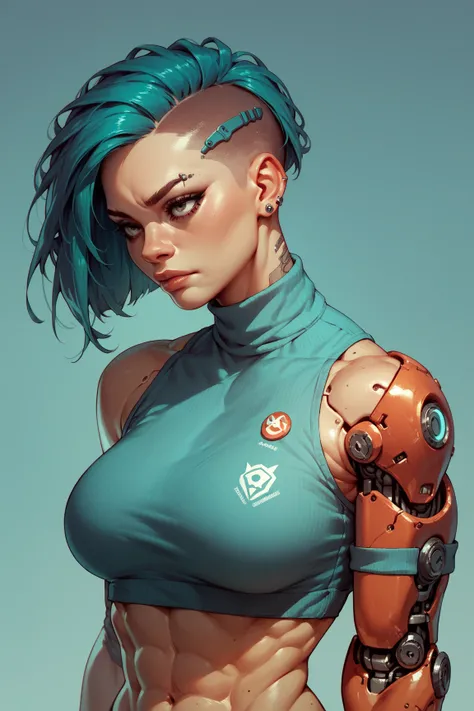 A busty curvy athletic cyborg woman with an undercut and a side braid