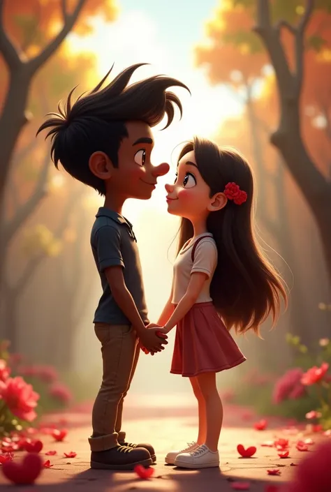 Disney characters boyfriends 19-haired boy ,  black with a big and light brown nose and tall next to a girl 17 big eyes brown, straight and long brown hair and light and thin skin and with modern clothing  