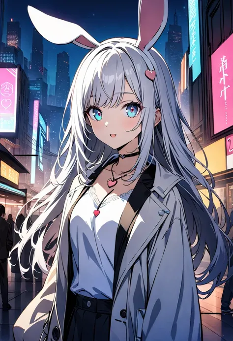 Red Cliff {Girl with straight white shoulder-length hair ，Name is Rico }, `` has white rabbit ears on its head, ( Feels Like Saying Hello ,  Daytime ), { Outing Style }, ((Heart-shaped necklace) ), (city center),  bright background ,  is conservative, heal...