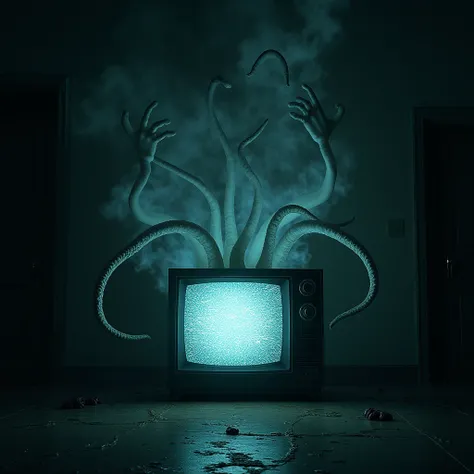 TV with static , front view. horror,  supernatural , 2005, epic scene, Horrific , spectral, several tentacles coming out of the screen 