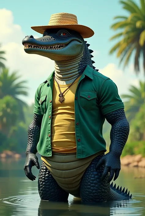 Tall  , sharp-toothed muscular black crocodile with straw hat green shirt popping up on two legs on the riverbank