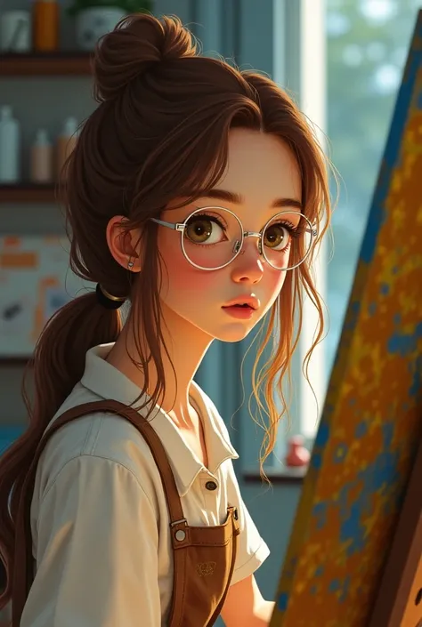 Brown-haired girl with white glasses painting a picture of Van Gog
