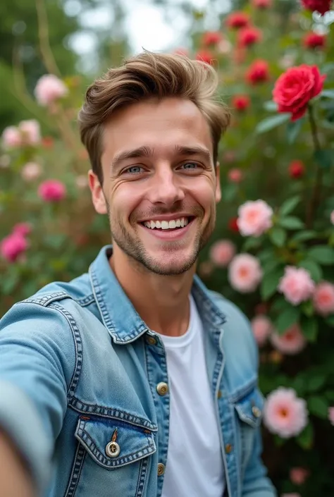 white man, beautiful, with blue eyes, smiling, taking a selfie showing a garden full of flowers