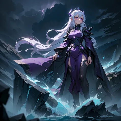 ((masterpiece, best quality, 8k))), mysterious female mage, (full-body), violet dragon silk robes, arcane glow, long wavy violet hair, braided crown, silver streaks, deep amethyst eyes, calm but intimidating expression, standing at the edge of a cliff over...