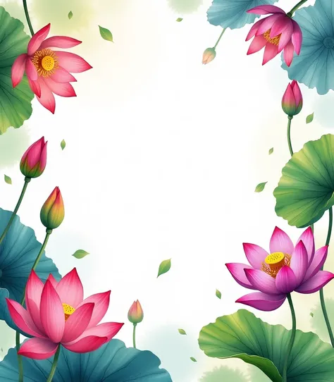 Make a drawing of exorbitant nature ,  colorful lotus flowers inspired by the painting THE DREAM by HENRI ROUSSEAU white background please leaves drawn with a super delicate and detailed watercolor brush, flowers well separated from each other drawn on the...