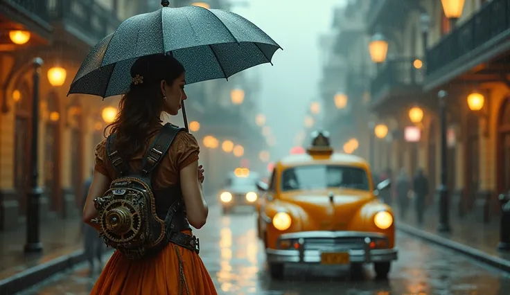 Foreground:

A captivating steampunk woman, her attire a fusion of elegance and functionality. Gears and pistons adorn her outfit, perhaps incorporated into a flowing skirt or a cunningly designed backpack.
Background:

A bustling cityscape in the throes o...