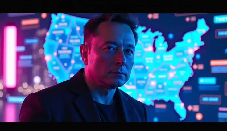 Create a 16:uTube thumbnail with a futuristic cityscape and a glowing U.S. digital map, dotted with social media icons (X, Twitter, Instagram). In the center, place a realistic close-up of Elon Musk with a serious expression, lit with neon blue and purple ...