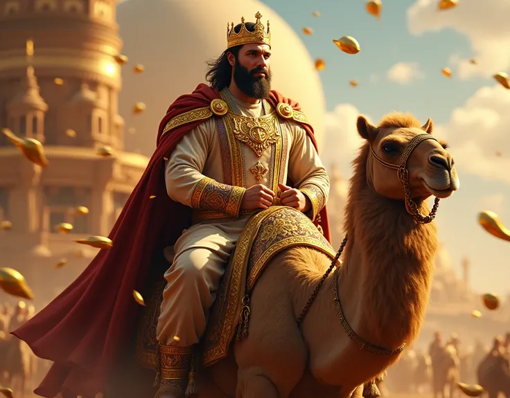 A very handsome king, Riding a camel surrounded by gold and a lot of power 