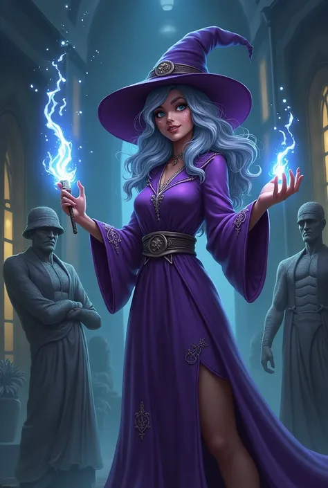  Create a female role-playing character with brown skin , long curly gray hair ,  using a witchs hat and a purple robe with glowing runic markings and a condom wand made of energy Unique,  create the character enchanting stone statues with runic markings c...