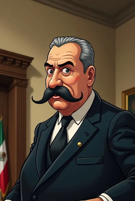 Porfirio Díaz with a big mustache and gray hair in the presidency of Mexico cartoon