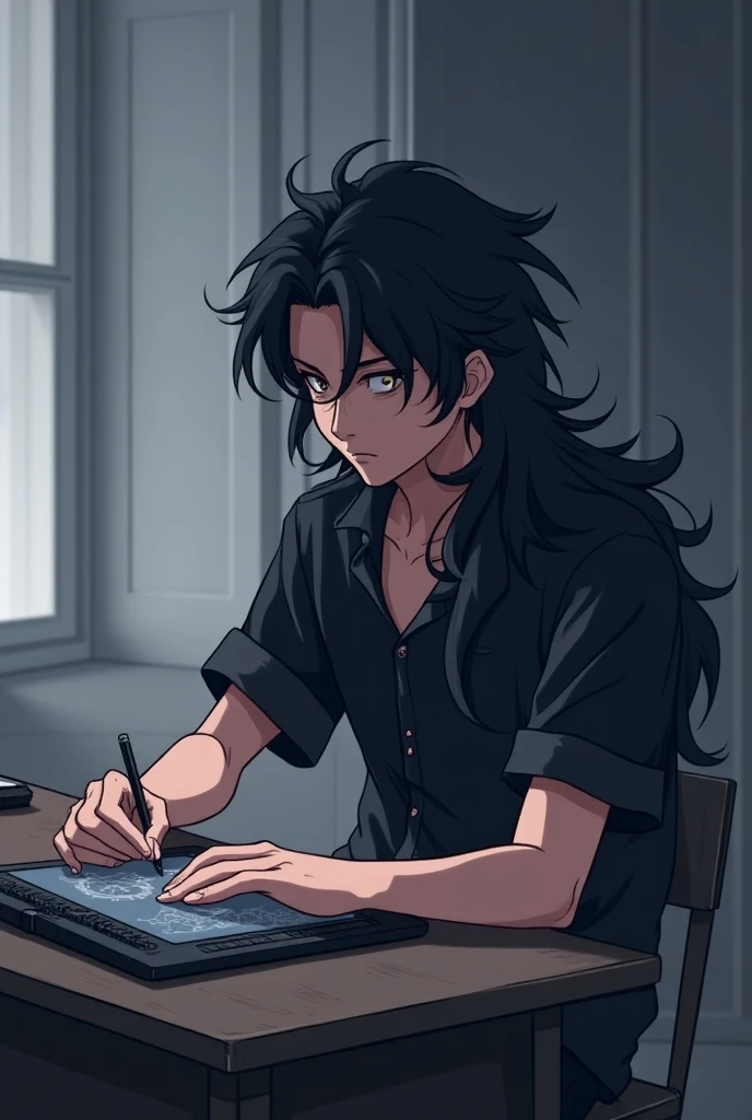 Anime style man with long wavy dark hair using a graphics tablet 