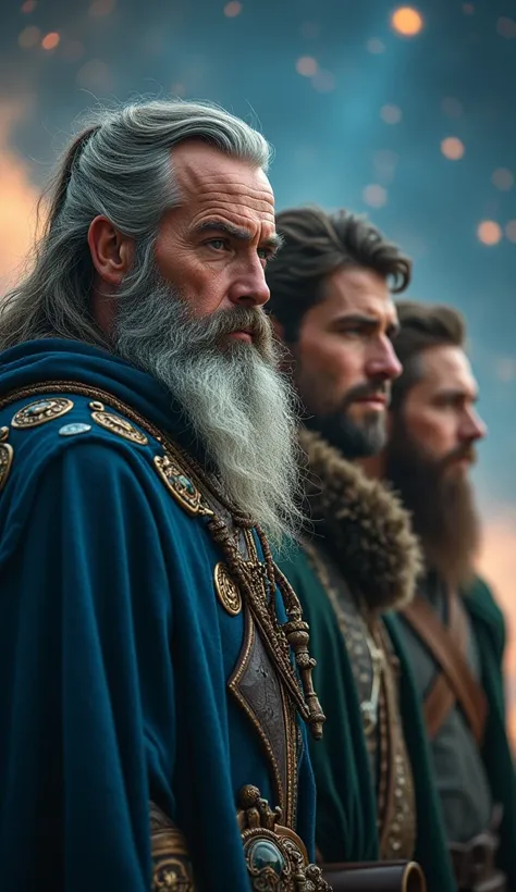 Imagine Odin, Vili, and Vé together in a cosmic landscape as creators of the universe. Odin is depicted as an imposing man with a long, gray beard, a penetrating gaze in his single eye, and a mystical presence, wearing a dark blue cloak adorned with runic ...