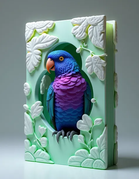 (((CardNFT ))),  artwork with recyclable electronic plastics, light green white LED lighting ,  image of a purple-breasted parrot inside CARD,  all previous information on a sculpture not yet created in the NFTCard format