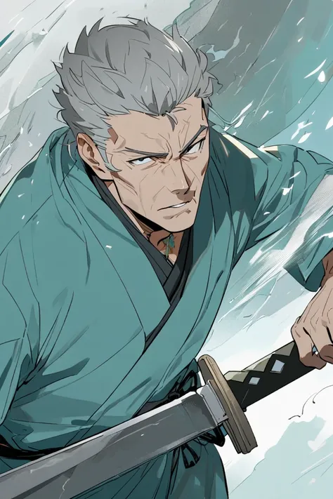 1male with grey hair in his late 50s  wearing a teal kimono and a sword on his side, with gills on his neck