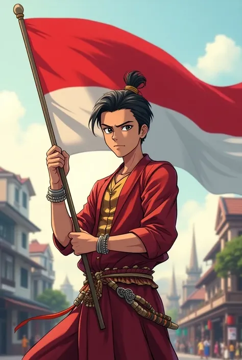 Anime holding Indonesian flag man 