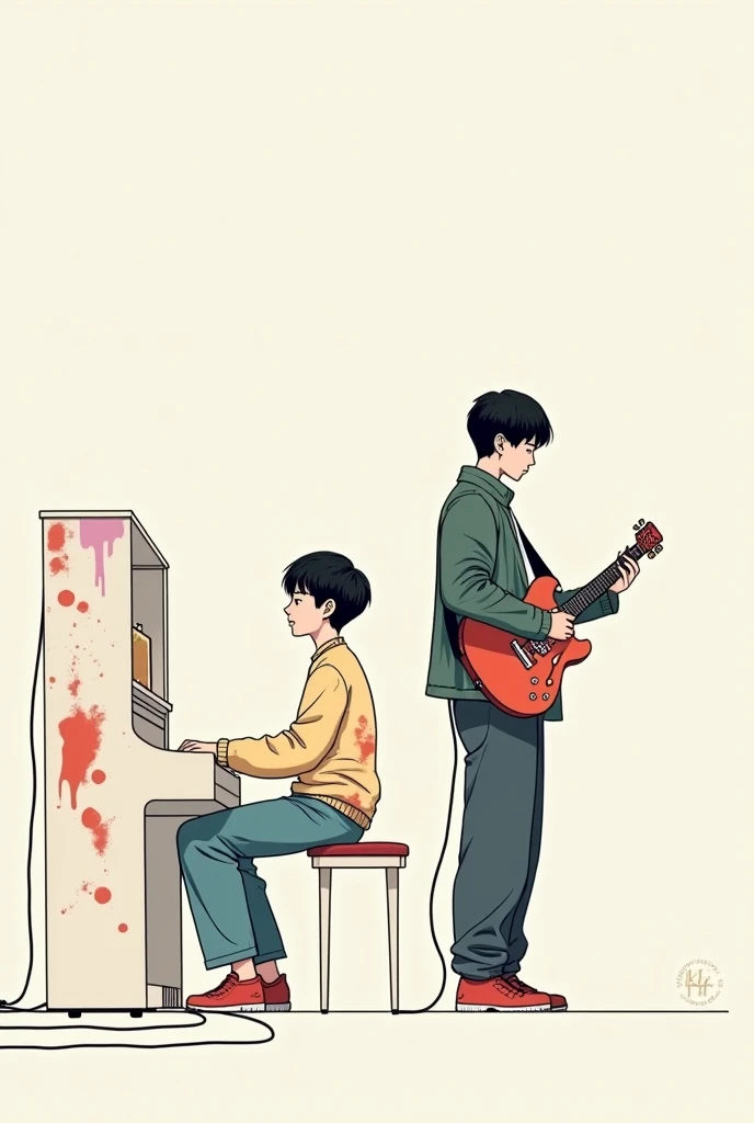 Two brothers, facing away from each other, are depicted. The older brother, resembling Huang Renjun from the Korean boy group NCT DREAM, wears paint-splattered artists clothing and is intently playing the piano.  His younger brother, resembling Tae San fro...