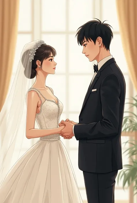 Manga A bride and groom on their wedding day, looking elegant but with a subtle distance between them. The groom has a composed, almost cold expression, while the bride looks hopeful and a bit uncertain."