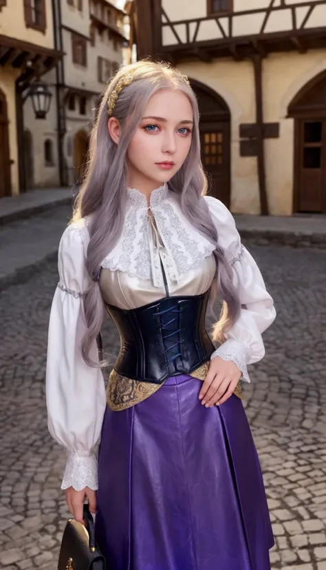 A beautiful young woman with long, flowing silver hair and bright violet eyes, standing in a medieval fantasy town square at dusk. She wears an elegant yet practical outfit of a white blouse with lace details, a dark corset, and a flowing blue skirt with g...